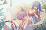  2girls all_fours apron arm_support bangs bare_shoulders barefoot between_legs blanket bloom blue_hair blurry blurry_background blurry_foreground blush bra_strap breasts closed_eyes clothes_down couch couple covered_mouth covering covering_mouth curtains depth_of_field dot_nose facing_to_the_side flower foot_out_of_frame frilled_apron frilled_pillow frills from_side glass_door guozimiao hand_on_another&#039;s_leg hands_up heart heart_pillow highres hinanawi_tenshi holding holding_pillow implied_cunnilingus indoors knee_up lamp large_breasts leaf light_particles light_purple_hair long_hair looking_at_another lying multiple_girls muted_color nagae_iku no_hat no_headwear object_hug on_back on_couch panties pantyshot pillow pillow_hug pink_flower pink_rose plant plantar_flexion profile purple_hair red_eyes rose scrunchie shadow short_hair sideboob spread_legs strap_slip swept_bangs toes touhou u_u underwear vase waist_apron white_apron white_panties white_scrunchie wrist_scrunchie yellow_flower yellow_rose yuri 