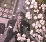  1boy absurdres avogado6 bags_under_eyes black_jacket black_pants black_suit blurry blurry_foreground brand_name_imitation briefcase brown_hair can cherry_blossoms commentary_request day disheveled dress_shirt falling_petals feet_out_of_frame from_above grey_eyes highres holding holding_briefcase holding_can jacket long_sleeves looking_at_flowers looking_up loose_necktie lying male_focus necktie on_back open_clothes open_jacket original outdoors pants petals playground red_necktie shadow shirt short_hair slide solo strong_zero suit white_shirt 