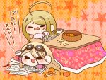  2girls ahoge akamatsu_kaede anger_vein antenna_hair argyle argyle_background arm_belt arm_up arms_on_table belt black_belt black_eyes black_gloves blonde_hair blueprint_(object) blush book bowl brown-framed_eyewear chibi coffee commentary_request crossed_arms cup danganronpa_(series) danganronpa_v3:_killing_harmony dress eyelashes floral_print food frown fruit gloves goggles goggles_on_head hair_ornament half_gloves holding holding_cup huge_ahoge iruma_miu kotatsu layered_sleeves long_hair long_sleeves looking_at_another lying mandarin_orange manga_(object) multiple_belts multiple_girls musical_note musical_note_hair_ornament on_stomach open_book open_mouth orange_background orange_peel pen pink_dress pink_shirt pink_sleeves purple_vest round_eyewear shirt simple_background sleeves_past_wrists smile solid_eyes starry_background table teacup under_kotatsu under_table v-shaped_eyebrows vest wavy_mouth yumaru_(marumarumaru) 