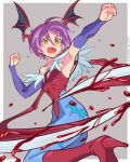  1girl animal_print armpits bat_print blood blue_pantyhose blush_stickers breasts character_name clothing_cutout dated futa_yuri_ryona head_wings heart_cutout highres leotard lilith_aensland low_wings pantyhose print_pantyhose purple_hair red_leotard small_breasts solo vampire_(game) wings yellow_eyes 