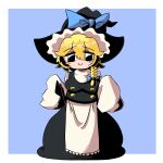  1girl absurdres apron black_eyes black_headwear black_skirt black_vest blonde_hair blue_background blue_bow blush_stickers bow braid breasts buttons c: closed_mouth commentary_request cookie_(touhou) full_body hair_between_eyes hair_bow hat hat_bow highres kirisame_marisa large_breasts long_skirt looking_at_viewer medium_bangs shirt short_hair side_braid simple_background single_braid skirt skirt_set sleeves_past_fingers sleeves_past_wrists smile solo standing sznkrs touhou two-tone_background vest waist_apron white_apron white_background white_shirt witch_hat yuuhi_(cookie) 