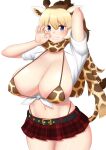  1girl alternate_breast_size alternate_costume animal_ear_fluff animal_ears animal_print arm_behind_head arms_up belt bikini bikini_top_only black_belt blonde_hair blue_eyes breasts breasts_out brown_hair cleavage collared_shirt cowboy_shot giraffe_ears giraffe_girl giraffe_horns giraffe_print giraffe_tail grin hair_between_eyes highleg highleg_panties highres hitonoko horns huge_breasts kemono_friends long_hair looking_at_viewer microskirt midriff multicolored_hair navel ok_sign panties panty_straps print_bikini print_scarf red_skirt reticulated_giraffe_(kemono_friends) scarf shiny_skin shirt short_sleeves simple_background skirt smile solo stomach swimsuit tail teeth tied_shirt underwear white_background white_shirt wing_collar 