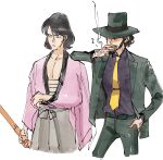  2boys arm_on_another&#039;s_shoulder arm_out_of_sleeve beard black_hair black_headwear black_jacket black_pants black_shirt closed_mouth cropped_legs facial_hair hakama halorane highres holding holding_sheath ishikawa_goemon_xiii jacket japanese_clothes jigen_daisuke looking_ahead lupin_iii male_focus multiple_boys musical_note necktie pants pectoral_cleavage pectorals sheath shirt sketch smoke_trail white_background yellow_necktie 