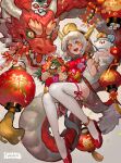  1girl :d animal ass black_hairband breasts canking china_dress chinese_clothes chinese_zodiac commentary_request dragon dress eastern_dragon fake_horns firecrackers floral_print grey_background grey_hair hairband hands_up high_heels highres holding horns knees_together_feet_apart lantern looking_at_viewer orange_hair original paper_lantern parted_bangs pelvic_curtain print_dress red_dress red_footwear shoes short_sleeves small_breasts smile solo thick_eyebrows thighhighs white_thighhighs year_of_the_dragon 