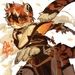  1girl animal_ears arknights chinese_commentary claws commentary_request copyright_name dagger furry furry_female highres holding holding_dagger holding_knife holding_weapon knife looking_at_viewer milkybot red_eyes round_eyewear tail tiger_ears tiger_girl tiger_stripes tiger_tail waai_fu_(arknights) weapon 