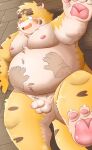 2024 anthro balls belly big_belly blush detailed_background erection feet felid genitals humanoid_hands kemono lying male mammal moobs navel nipples overweight overweight_male pantherine penis puss3250 small_penis solo_focus tiger