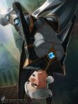  1girl black_bodysuit blue_eyes bodysuit breasts camille_(league_of_legends) clenched_hand gem grey_bodysuit grey_hair hair_bun highres large_breasts league_of_legends looking_to_the_side outdoors parted_bangs rope short_hair single_hair_bun solo themaestronoob upside-down web_address 