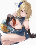  1girl bare_shoulders black_gloves blonde_hair blue_dress blush breasts china_dress chinese_clothes cleavage cleavage_cutout closed_mouth clothing_cutout commentary_request cynthia_(pokemon) dress elbow_gloves fortune_cookie_(food) gible gloves gold_trim grey_eyes hair_ornament hair_over_one_eye hairpin highres jojobirdz large_breasts long_hair looking_at_viewer pokemon pokemon_dppt ponytail smile thighs tongue tongue_out very_long_hair 