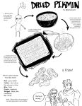  1boy 1girl :t armor baking_sheet bottle bowl cooking dismemberment dungeon_meshi elf english_text flower greyscale highres laios_thorden lineart long_hair marcille_donato monochrome no_mouth pikmin_(creature) pikmin_(series) pointy_ears pointy_nose qrowscant recipe salt severed_arm severed_leg severed_limb short_hair 