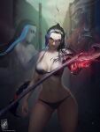  2girls bikini black_bikini black_hair blue_hair braid breasts collarbone colored_sclera colored_skin cowboy_shot dated floating floating_object floating_weapon genderswap genderswap_(mtf) glowing glowing_eyes heterochromia highres kayn_(league_of_legends) large_breasts league_of_legends long_hair multicolored_hair multiple_girls navel red_sclera red_skin rhaast shoulder_plates signature single_shoulder_pad solo_focus swimsuit teeth themaestronoob two-tone_hair 