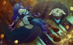  1girl alternate_costume animal_ears artist_name ass black_bra black_gloves black_panties blue_eyes blue_hair blue_thighhighs body_fur bra dated dutch_angle fingerless_gloves from_below gloves glowing glowing_eyes grey_fur highres hooves kindred_(league_of_legends) lamb_(league_of_legends) league_of_legends lingerie long_hair mask open_mouth outdoors panties sheep_ears sheep_tail tail themaestronoob thighhighs underwear wolf_(league_of_legends) 