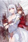  3girls absurdres akagi-chan_(azur_lane) amagi-chan_(azur_lane) animal_ears azur_lane bare_shoulders bell black_kimono blush breasts brown_hair cleavage cuddling eyeshadow facing_viewer fox_ears fox_girl fox_tail from_side full_body girl_sandwich hair_bell hair_between_eyes hair_ornament hair_ribbon hairclip hand_on_another&#039;s_back hand_on_another&#039;s_head head_on_chest highres hug japanese_clothes kaga_(azur_lane) kimono kitsune large_breasts long_hair looking_at_viewer lying makeup medium_breasts medium_hair multiple_girls multiple_tails off_shoulder on_bed on_side open_clothes open_kimono open_mouth panties print_kimono purple_eyes red_eyeshadow red_kimono red_ribbon ribbon samip sandwiched sleeping slit_pupils smug tail underwear very_long_hair white_hair white_kimono white_panties 