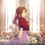  1girl aerith_gainsborough arm_behind_back bangle bouquet bracelet braid braided_ponytail brown_hair church closed_mouth cropped_jacket dress falling_petals final_fantasy final_fantasy_vii final_fantasy_vii_rebirth final_fantasy_vii_remake flower green_eyes hair_ribbon highres holding holding_bouquet holding_flower indoors jacket jewelry lily_(flower) long_dress long_hair looking_at_viewer parted_bangs petals pink_dress pink_ribbon puffy_short_sleeves puffy_sleeves red_jacket ribbon sam_ashton short_sleeves sidelocks single_braid smile solo sunlight wavy_hair white_flower window yellow_flower 