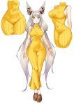  1girl absurdres animal_ear_fluff animal_ears armpit_crease bare_shoulders blush breasts brown_footwear cat_ears commentary covered_navel curvy dress english_commentary eyelashes fang grey_hair highres holding i_am_anddo large_breasts long_dress long_hair multiple_views nia_(xenoblade) open_mouth pencil_dress simple_background skin_fang standing turtleneck_dress very_long_hair white_background xenoblade_chronicles_(series) xenoblade_chronicles_2 yellow_dress yellow_eyes 