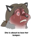 2016 angry anthro bloodshot_eyes blue_eyes bodily_fluids brown_hair canid canine canis digital_media_(artwork) english_text facial_expression fangs female fur grey_body grey_fur hair headshot_portrait mammal overweight overweight_anthro overweight_female pink_sclera ponytail portrait rage_face red_face solo sophia_(xxsparcoxx) sweat teeth text wolf xxsparcoxx