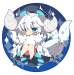  1girl ahoge bare_legs barefoot blue_eyes blush chibi cloak commentary_request full_body fur_collar hair_between_eyes highres horns knees_up looking_at_viewer milkpanda monster_hunter_(series) parted_lips personification short_eyebrows solo tail thick_eyebrows white_cloak white_hair 