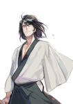  1boy arm_at_side black_hair closed_mouth collarbone hair_between_eyes hakama halorane highres holding holding_sheath ishikawa_goemon_xiii japanese_clothes looking_at_viewer lupin_iii male_focus medium_hair messy_hair pectoral_cleavage pectorals sheath unfinished wide_sleeves 
