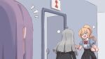  3girls ahoge angry arguing arms_at_sides bathroom_sign blonde_hair blue_shirt blush bow bowtie bracelet breasts buttons center_frills clenched_hand collared_shirt commentary_request dianthe_(rune_(dualhart)) door english_commentary facing_another facing_away fang frills from_behind green_eyes grey_hair hands_up highres indoors jewelry light_blush long_hair looking_at_another mixed-language_commentary multiple_girls notice_lines open_mouth original partial_commentary pointing ponytail puff_of_air puffy_short_sleeves puffy_sleeves purple_hair red_bow red_bowtie rune_(dualhart) shirt shirt_tucked_in short_sleeves sidelocks sign small_breasts standing upper_body v-shaped_eyebrows victoria_(rune_(dualhart)) yurina_(rune_(dualhart)) 