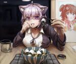  2girls animal_ears bowl breasts cat_ears cat_girl cat_tail chopsticks cup drinking_glass food glasses highres holding holding_chopsticks hololive inugami_korone large_breasts liamickpie looking_at_viewer multiple_girls nekomata_okayu nekomata_okayu_(oversized_shirt) official_alternate_costume onigirya_(nekomata_okayu) table tail virtual_youtuber 