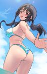  1girl ass bikini black_hair blush breasts c_(theta) highres idolmaster idolmaster_million_live! looking_at_viewer looking_back median_furrow medium_breasts multicolored_bikini multicolored_clothes outdoors outstretched_arm red_eyes sidelocks signature sketch smile solo swimsuit takayama_sayoko twintails wading 