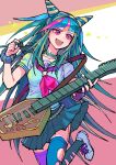  1girl absurdres black_hair blue_hair breasts danganronpa_(series) danganronpa_2:_goodbye_despair ear_piercing hair_horns highres jewelry long_hair looking_at_viewer mioda_ibuki multicolored_hair open_mouth piercing pink_eyes pink_hair sailor_collar school_uniform serafuku shirt short_sleeves skirt smile solo thighhighs white_hair youko-shima 