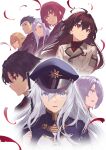  1girl 3boys 5girls 86_-eightysix- absurdres anju_emma black_coat black_eyes black_hair blonde_hair blue_headwear blue_jacket brown_hair closed_mouth coat falling_feathers frederica_rosenfort grey_eyes grey_hair gun gun_on_back hair_between_eyes hat henrietta_penrose highres jacket kimi_tsuru kurena_kukumila long_hair military_hat military_uniform multiple_boys multiple_girls necktie one_eye_covered open_mouth orange_eyes pocket_square raiden_shuga red_eyes red_hair red_necktie shinei_nouzen shirt short_hair sidelocks simple_background solo theoto_rikka uniform upper_body vladilena_millize weapon weapon_on_back white_background white_coat white_shirt 