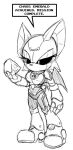 2024 alternate_species anthro bat breasts chaos_emerald chaoscroc dialogue dialogue_box eggman_empire eggman_logo english_text eyelashes female gem greyscale holding_gem holding_object machine mammal medium_breasts monochrome netflix robot rouge_the_bat sega sketch solo sonic_prime sonic_the_hedgehog_(series) standing text wings
