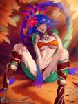  1girl bandeau bare_shoulders between_legs blue_hair breasts brown_sclera collarbone colored_sclera colored_skin flower green_skin hair_flower hair_ornament hand_between_legs highres jewelry knees_up large_breasts league_of_legends legs_apart lizard_tail medium_hair navel necklace neeko_(league_of_legends) orange_bandeau orange_panties panties pink_flower pink_lips red_hair reptile_girl sitting slit_pupils smile solo stomach tail teeth themaestronoob tree underwear web_address yellow_eyes 