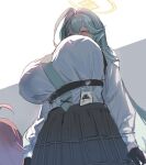  2girls ahoge black_gloves black_skirt blue_archive bow_(bhp) breasts closed_eyes collared_shirt gloves green_hair green_necktie halo hoshino_(blue_archive) hoshino_(young)_(blue_archive) large_breasts long_hair long_sleeves multiple_girls necktie pink_hair pleated_skirt shirt short_hair skirt smile white_shirt yellow_halo yume_(blue_archive) 