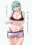  1girl alternate_costume aqua_hair arms_under_breasts bikini black_bikini breasts cleavage commentary_request cowboy_shot green_eyes hair_ornament hairclip highleg highleg_bikini highres jouzaburou_(joe3) kantai_collection large_breasts short_shorts shorts simple_background solo standing suzuya_(kancolle) swimsuit thigh_gap translation_request white_background white_shorts 