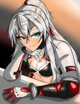  1girl 35358901mrs alpha_(punishing:_gray_raven) bandaged_arm bandages black_bandages black_bra blue_eyes bra fingerless_gloves gloves grey_hair grey_jacket hair_between_eyes heterochromia highres jacket long_hair looking_at_viewer lucia:_crimson_weave_(punishing:_gray_raven) mechanical_arms open_clothes open_jacket punishing:_gray_raven red_eyes single_mechanical_arm solo sports_bra underwear wide_ponytail 