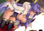 1girl animal_ears blush breasts cleavage coat dark-skinned_female dark_skin earrings egyptian fate/grand_order fate_(series) highres jackal_ears jewelry large_breasts long_hair long_sleeves low-tied_long_hair nitocris_(fate) one-piece_swimsuit open_mouth purple_eyes purple_hair satou_daiji sidelocks skirt solo swimsuit swimsuit_under_clothes thighhighs undressing 