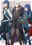  1girl 2boys ameno_(a_meno0) asymmetrical_clothes blue_eyes blue_hair book boots breasts brown_eyes cape chrom_(fire_emblem) coat fingerless_gloves fire_emblem fire_emblem_awakening gloves grey_background grey_hair grin hair_between_eyes long_hair long_sleeves looking_at_viewer lucina_(fire_emblem) multiple_boys pants pantyhose robin_(fire_emblem) robin_(male)_(fire_emblem) short_hair small_breasts smile sweater symbol-shaped_pupils thigh_boots tiara walking 