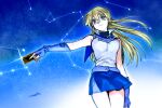  1girl 203wolves blonde_hair blue_background blue_gloves blue_sailor_collar blue_skirt card closed_mouth constellation cowboy_shot fingerless_gloves floating_hair gloves highres holding holding_card jacket long_hair looking_at_viewer miniskirt outstretched_arm sailor_collar signature skirt sleeveless sleeveless_jacket smile solo standing straight_hair tenjouin_asuka very_long_hair white_jacket yellow_eyes yu-gi-oh! yu-gi-oh!_gx 
