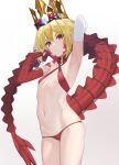  1girl absurdres bikini blonde_hair braid breasts criss-cross_halter crown dragon_tail facial_mark fate/grand_order fate_(series) french_braid hair_intakes halterneck highres looking_at_viewer nero_claudius_(fate) pointy_ears queen_draco_(fate) red_bikini red_eyes scales solo swimsuit tail yamachi_(xadp7533) 