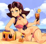 1girl artist_name bare_arms bare_shoulders beach bikini bikini_pull blue_sky breasts brown_hair brown_pubic_hair clothes_pull cloud collar commentary cup day drink drinking_glass drinking_straw earrings elbow_rest english_commentary eyewear_on_head female_pubic_hair green_eyes holding holding_cup jewelry large_breasts long_hair looking_at_viewer mega_man_(series) mega_man_legends navel outdoors pink_bikini pink_collar pubic_hair reward_available sand sky smile solo squeezable_(artist) sunglasses swimsuit tron_bonne_(mega_man) water 