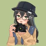  1girl alternate_costume alternate_hairstyle aran_sweater black_hair black_headwear blue_vest blush bow brown_sweater bucket_hat cable_knit camera cevio commentary cropped_torso crossed_bangs fujifilm glasses green_background green_eyes hair_bow hanakuma_chifuyu hat highres holding holding_camera long_hair multiple_hair_bows open_mouth shiyomifu simple_background sleeves_past_wrists smile solo sweater synthesizer_v turtleneck turtleneck_sweater two-handed upper_body vest white_bow 