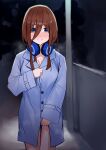  1girl amog blue_coat blue_eyes blush breasts brown_hair buttons cleavage closed_mouth coat go-toubun_no_hanayome hair_between_eyes headphones headphones_around_neck highres large_breasts long_hair long_sleeves looking_at_viewer nakano_miku outdoors solo standing 