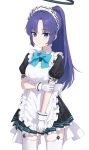  1girl alternate_costume apron black_halo blue_archive blue_eyes enmaided garter_straps gloves halo highres long_hair looking_at_viewer maid maid_apron maid_headdress puffy_short_sleeves puffy_sleeves short_sleeves simple_background solo tem_(tempainting1) thighhighs thighs white_background white_gloves white_thighhighs yuuka_(blue_archive) 