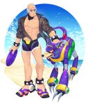  1boy abs absurdres bald beach black_shirt black_shorts blue_eyes bracelet dog drawloverlala facial_mark frisbee highres jewelry male_swimwear mega_man_(series) mega_man_x_(series) non-humanoid_robot ocean robot robot_animal robot_dog sand see-through see-through_shirt shirt shorts sigma_(mega_man) spiked_bracelet spikes swim_trunks velguarder_(mega_man) 