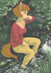  1girl animal_ears animal_nose brown_hair closed_mouth furry furry_female grass half-closed_eyes hand_on_lap highres long_sleeves looking_to_the_side nature neck original outdoors pants parted_bangs red_shirt shirt sitting soaking_feet solo tail water wetland yanamosuda 