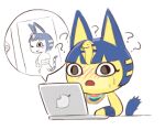 2020 animal_crossing ankha_(animal_crossing) anthro blue_hair blush bob_cut bodily_fluids brand_parody celebrity_paradox clothed clothing computer confusion cutaway domestic_cat electronics erect_tail felid feline felis female hair laptop looking_at_computer looking_at_laptop looking_at_object looking_at_porn looking_at_screen looking_at_self mammal nawa nintendo one_eye_closed open_mouth pornography question_mark self_search shocked simple_background solo sweat sweatdrop uraeus white_background wide_eyed wink