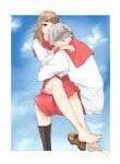  1boy 1girl :3 arms_around_waist barefoot blue_sky border bowl_cut brown_footwear brown_hair cloud cloud_background couple eveyeil feet grey_hair hand_on_another&#039;s_head hetero highres legs long_sleeves mimihime_(tengoku_daimakyou) on_lap one_eye_closed outside_border red_shorts sailor_collar school_uniform shiro_(tengoku_daimakyou) shirt shoes shorts sky tengoku_daimakyou toes white_border white_shirt 