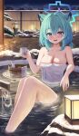  1girl absurdres animal_ears blue_archive blue_halo breasts cleavage green_hair halo highres hwa_sawa large_breasts medium_hair naked_towel official_alternate_costume onsen partially_submerged purple_eyes shigure_(blue_archive) shigure_(hot_spring)_(blue_archive) solo towel water weasel_ears white_towel 