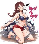  ! !? 1girl bangs barefoot bikini black_bikini blush braid breast_grab breasts brown_hair cleavage emphasis_lines enemy_naval_mine_(kancolle) furufuru_fugu grabbing grabbing_from_behind green_eyes groping kantai_collection kneeling large_breasts long_hair motion_lines navel noshiro_(kancolle) open_mouth pussy_juice restrained sex sex_from_behind shorts surprised swimsuit swimsuit_under_clothes tentacle_sex tentacles twin_braids 