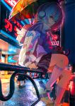 1girl bag black_skirt blue_eyes blue_hair building closed_mouth expressionless fence fingernails gloves hair_between_eyes headphones highres holding holding_umbrella jacket kneehighs light_blue_hair long_sleeves looking_at_viewer looking_to_the_side mika_pikazo neon_lights neon_palette original outdoors photo_background red_gloves short_hair sidelocks sitting sitting_on_fence skirt socks solo umbrella white_footwear white_jacket white_socks winged_bag 