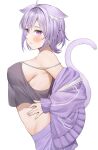  1girl absurdres animal_ear_fluff animal_ears blush breasts cat_ears cat_girl cat_tail highres hololive jacket large_breasts looking_to_the_side medium_hair nekomata_okayu nekomata_okayu_(7th_costume) official_alternate_costume open_clothes open_jacket purple_eyes purple_hair see-through sideboob simple_background strap_slip tail two_side_up virtual_youtuber white_background yuya_(yuya_illust) 