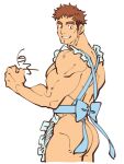  1boy apron ass bara blue_apron brown_hair character_request check_character cropped_legs double_chin facial_hair highres looking_at_viewer looking_back male_focus mature_male multicolored_hair muscular muscular_male naked_apron pectorals precure shirako_(kirupi) short_hair sideburns_stubble sidepec smile solo stubble they&#039;re thick_eyebrows tsuyoshi_inukai two-tone_hair unfinished wonderful_precure! 