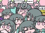  1000-nen_ikiteru_(vocaloid) 6+girls arm_up black_hair blue_jacket bow bread bread_slice cevio clone closed_eyes closed_mouth commentary_request cramped crowd expressionless flower food food_in_mouth frown furrowed_brow hair_bow hair_flower hair_ornament hand_grip highres itoshatyo jacket kurari-chan kyu-kurarin_(cevio) looking_to_the_side mouth_hold multiple_girls multiple_hair_bows open_clothes open_jacket open_mouth panicking parody pink_bow pink_eyes pink_flower poster_(object) reaching shirt short_hair sweatdrop toast toast_in_mouth track_jacket train_interior v-shaped_eyebrows vocaloid white_shirt 