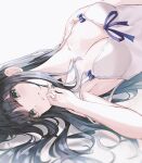  1girl absurdres armpits bare_arms bare_shoulders black_hair blue_eyes blue_ribbon breasts camisole cleavage closed_mouth frown highres lying medium_breasts on_back original pray_(furei) ribbon shirt sleeveless sleeveless_shirt solo spaghetti_strap white_shirt 